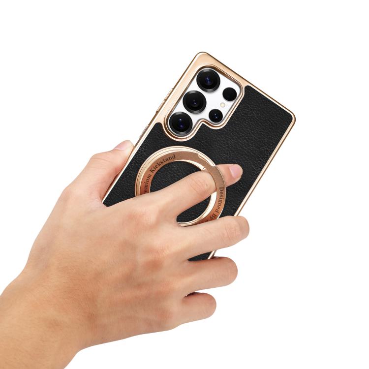 For Samsung Galaxy S25 Ultra 5G Denior A23 Magnetic Holder Electroplating Genuine Leather Phone Case