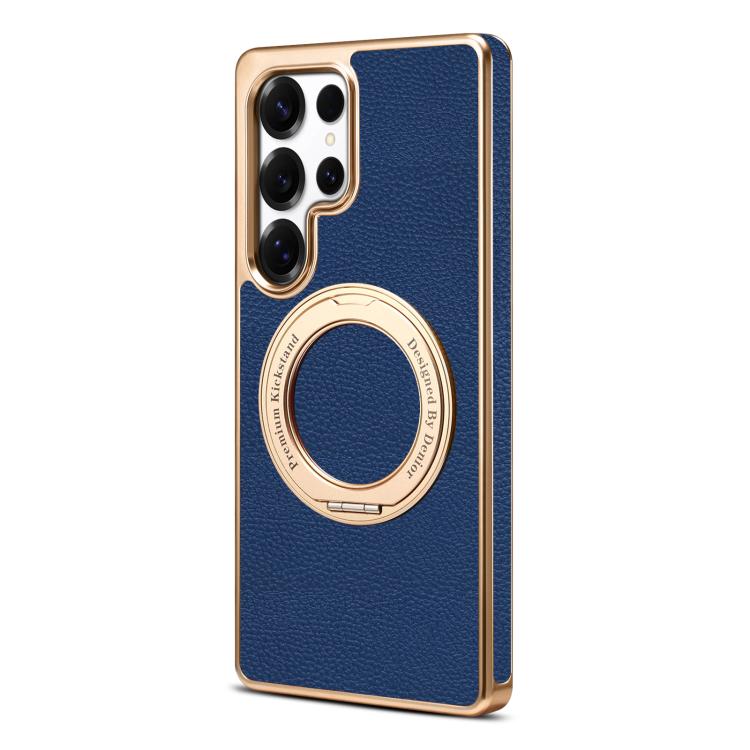 For Samsung Galaxy S25 Ultra 5G Denior A23 Magnetic Holder Electroplating Genuine Leather Phone Case