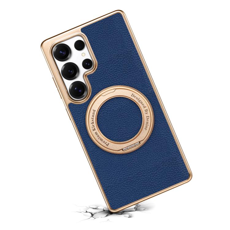 For Samsung Galaxy S25 Ultra 5G Denior A23 Magnetic Holder Electroplating Genuine Leather Phone Case