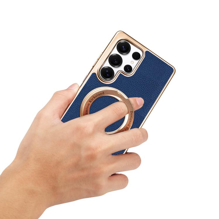 For Samsung Galaxy S25 Ultra 5G Denior A23 Magnetic Holder Electroplating Genuine Leather Phone Case