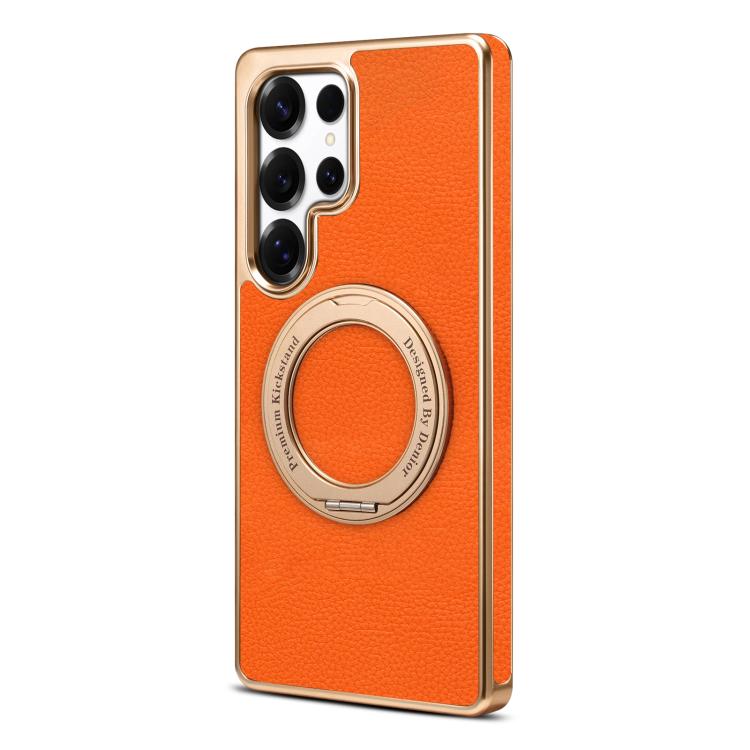 For Samsung Galaxy S25 Ultra 5G Denior A23 Magnetic Holder Electroplating Genuine Leather Phone Case