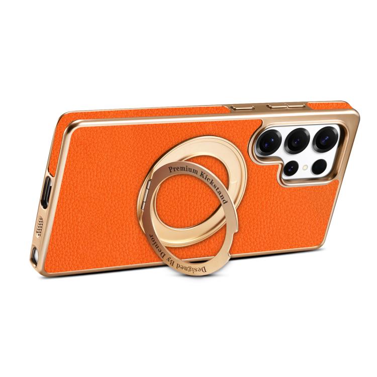 For Samsung Galaxy S25 Ultra 5G Denior A23 Magnetic Holder Electroplating Genuine Leather Phone Case