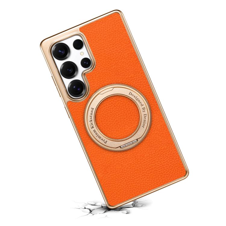 For Samsung Galaxy S25 Ultra 5G Denior A23 Magnetic Holder Electroplating Genuine Leather Phone Case