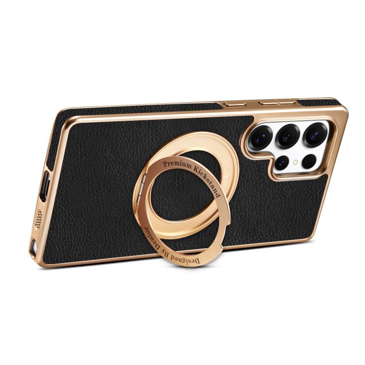 For Samsung Galaxy S24 Ultra 5G Denior A23 Magnetic Holder Electroplating Genuine Leather Phone Case