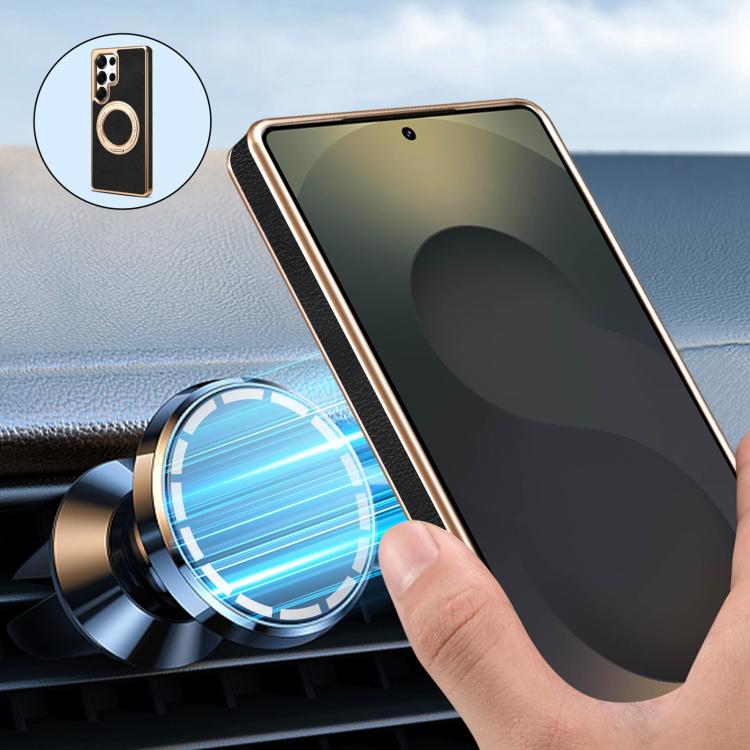 For Samsung Galaxy S24 Ultra 5G Denior A23 Magnetic Holder Electroplating Genuine Leather Phone Case