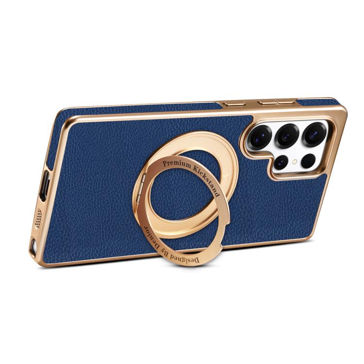 For Samsung Galaxy S24 Ultra 5G Denior A23 Magnetic Holder Electroplating Genuine Leather Phone Case
