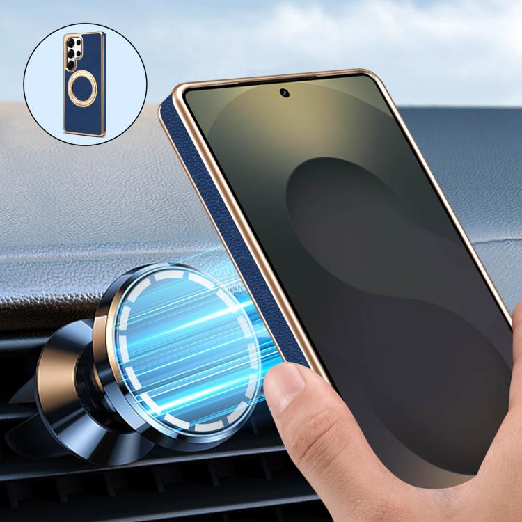 For Samsung Galaxy S24 Ultra 5G Denior A23 Magnetic Holder Electroplating Genuine Leather Phone Case