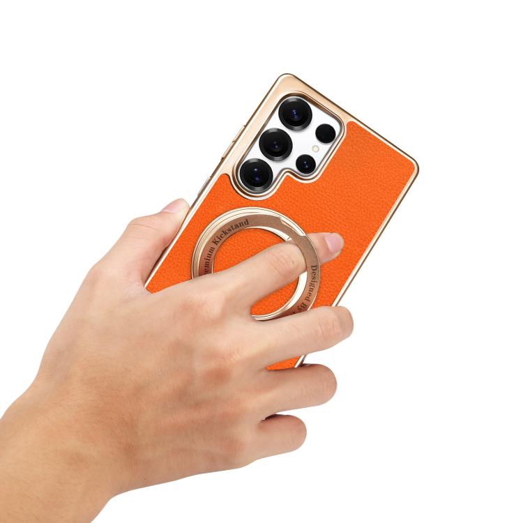 For Samsung Galaxy S24 Ultra 5G Denior A23 Magnetic Holder Electroplating Genuine Leather Phone Case