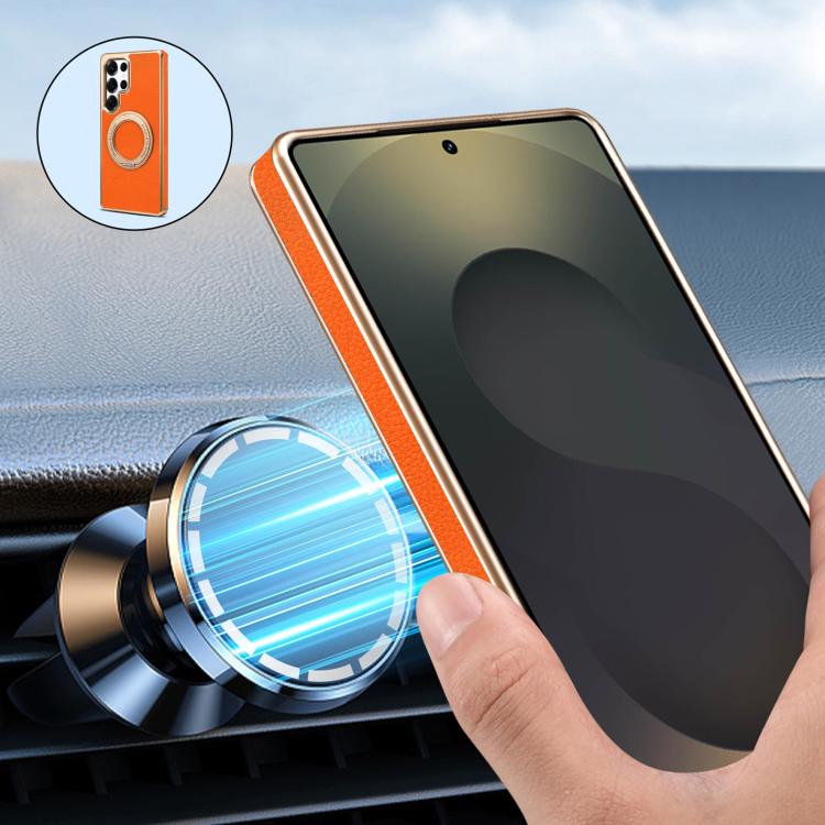 For Samsung Galaxy S24 Ultra 5G Denior A23 Magnetic Holder Electroplating Genuine Leather Phone Case