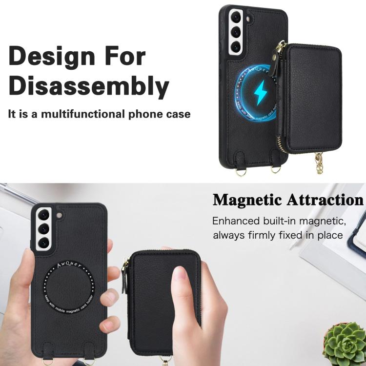 For Samsung Galaxy S22 5G AwQuer 2 in 1 Crossbody Zipper Wallet Leather Back Phone Case