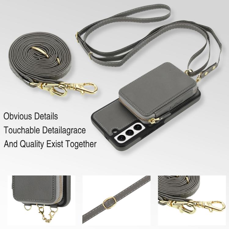 For Samsung Galaxy S22 5G AwQuer 2 in 1 Crossbody Zipper Wallet Leather Back Phone Case