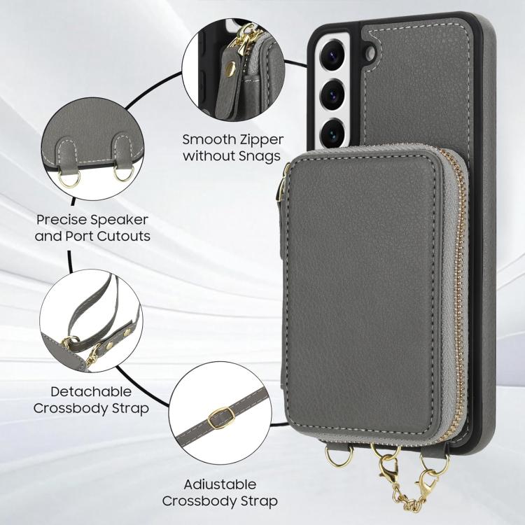 For Samsung Galaxy S22 5G AwQuer 2 in 1 Crossbody Zipper Wallet Leather Back Phone Case