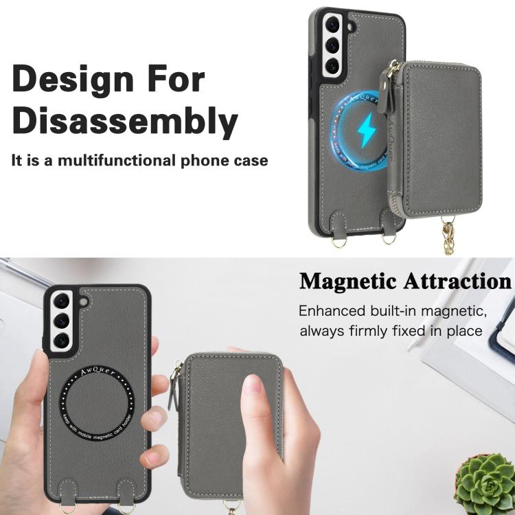 For Samsung Galaxy S22 5G AwQuer 2 in 1 Crossbody Zipper Wallet Leather Back Phone Case