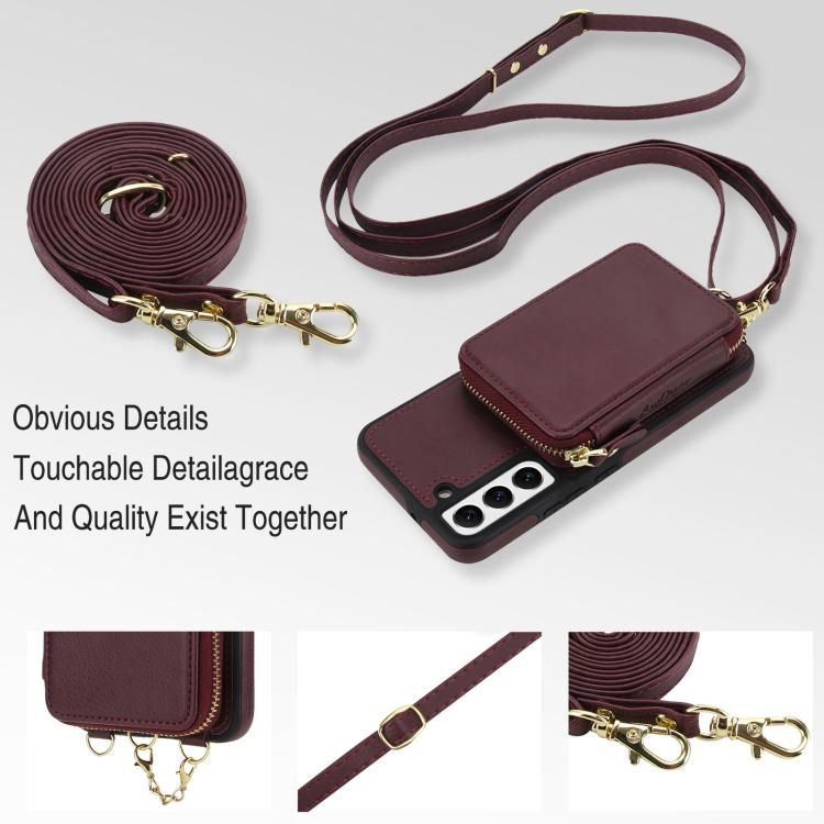 For Samsung Galaxy S22 5G AwQuer 2 in 1 Crossbody Zipper Wallet Leather Back Phone Case
