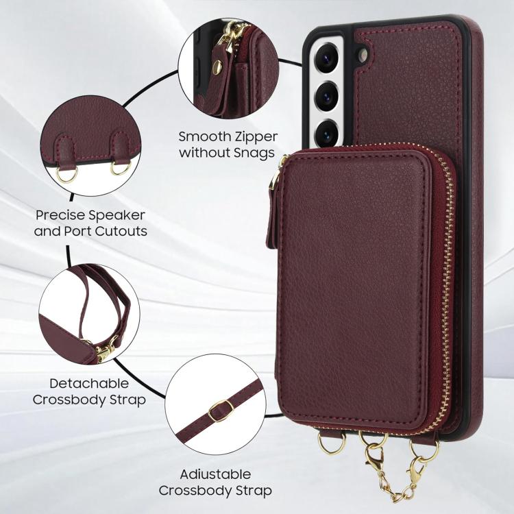 For Samsung Galaxy S22 5G AwQuer 2 in 1 Crossbody Zipper Wallet Leather Back Phone Case
