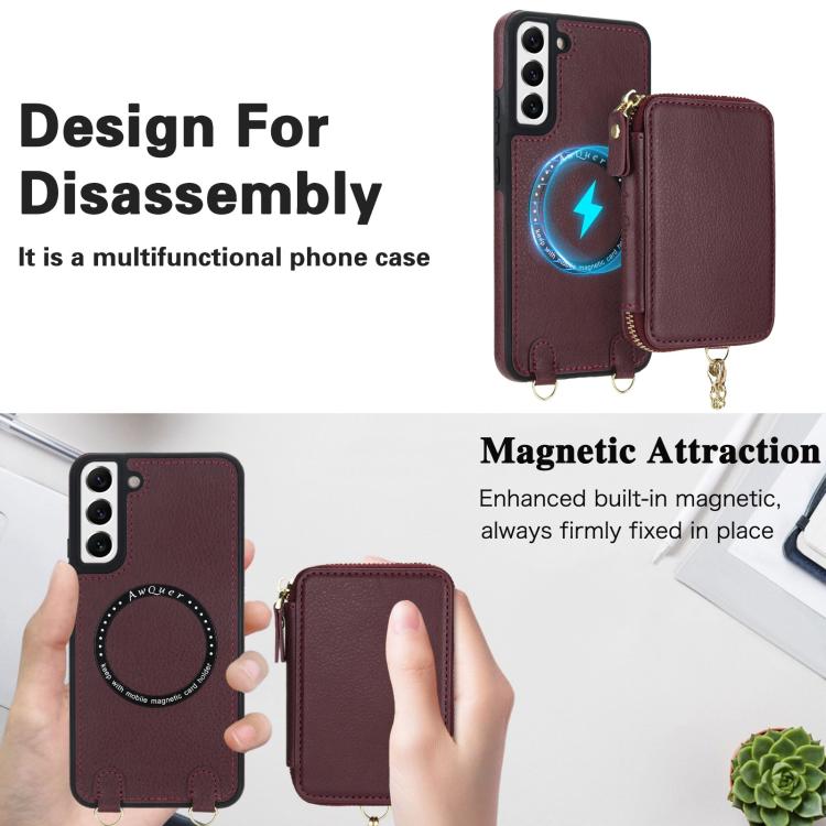 For Samsung Galaxy S22 5G AwQuer 2 in 1 Crossbody Zipper Wallet Leather Back Phone Case