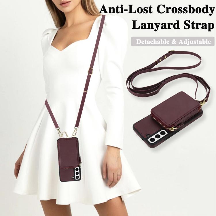 For Samsung Galaxy S22 5G AwQuer 2 in 1 Crossbody Zipper Wallet Leather Back Phone Case