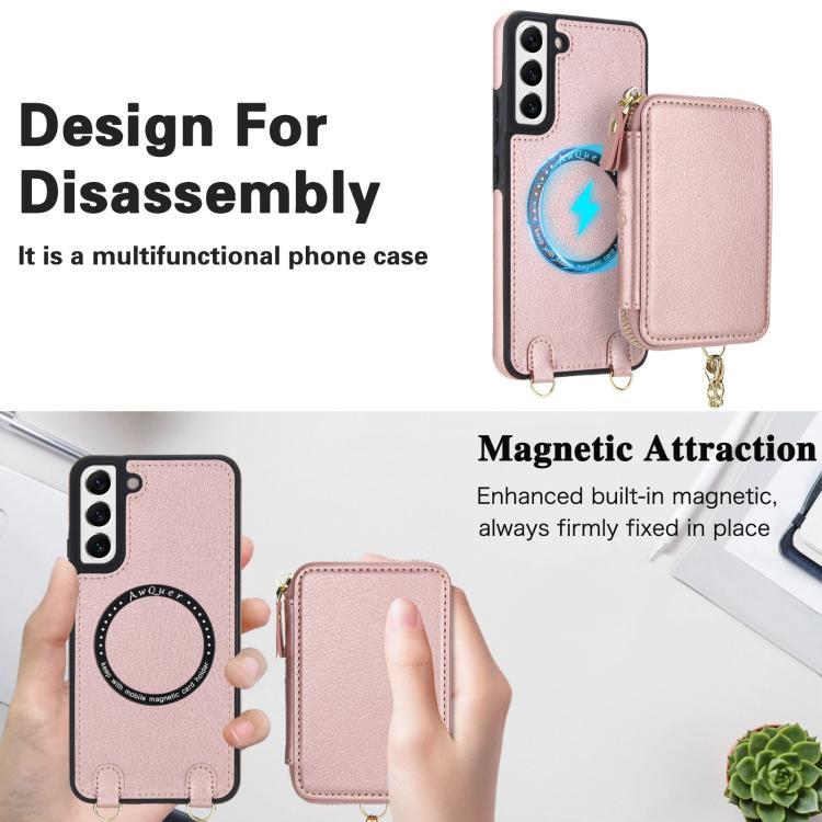 For Samsung Galaxy S22 5G AwQuer 2 in 1 Crossbody Zipper Wallet Leather Back Phone Case