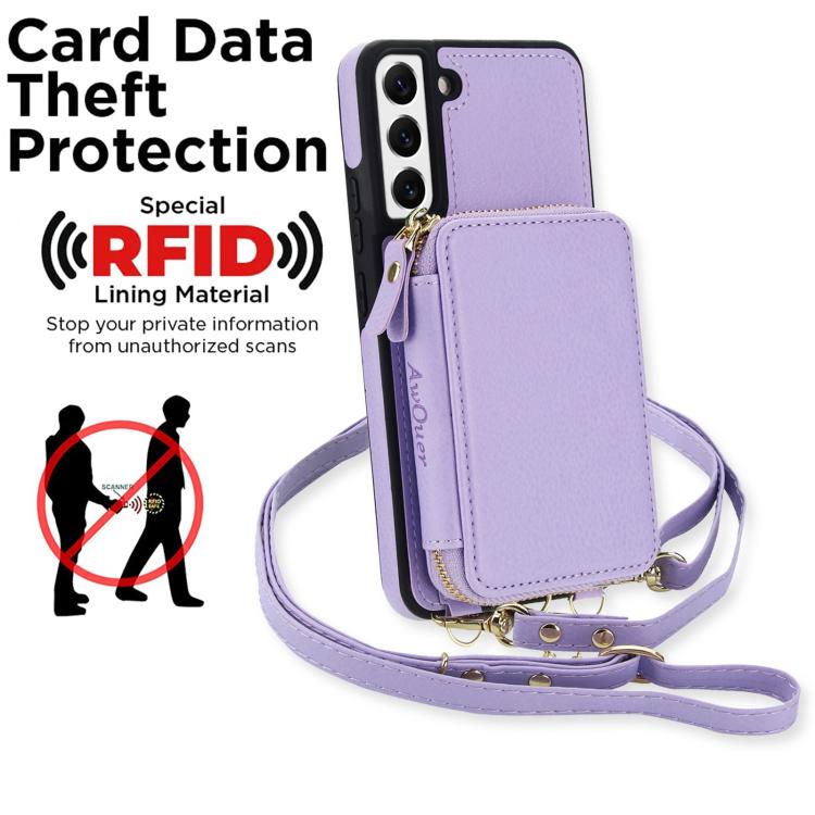 For Samsung Galaxy S22 5G AwQuer 2 in 1 Crossbody Zipper Wallet Leather Back Phone Case