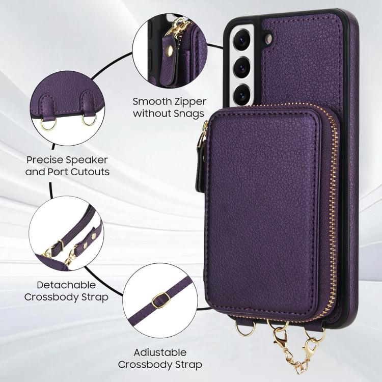 For Samsung Galaxy S22 5G AwQuer 2 in 1 Crossbody Zipper Wallet Leather Back Phone Case