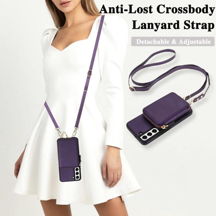 For Samsung Galaxy S22 5G AwQuer 2 in 1 Crossbody Zipper Wallet Leather Back Phone Case