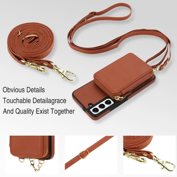 For Samsung Galaxy S22 5G AwQuer 2 in 1 Crossbody Zipper Wallet Leather Back Phone Case