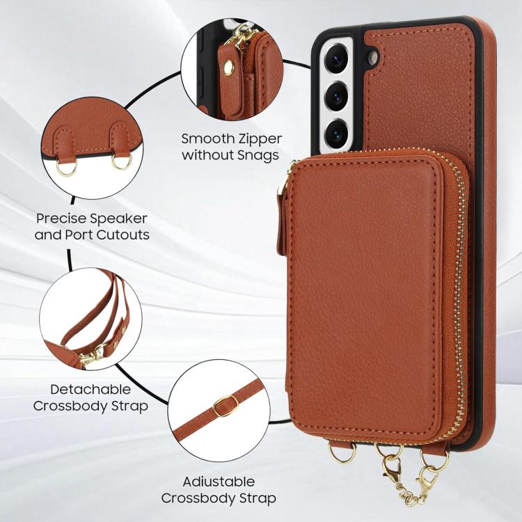 For Samsung Galaxy S22 5G AwQuer 2 in 1 Crossbody Zipper Wallet Leather Back Phone Case
