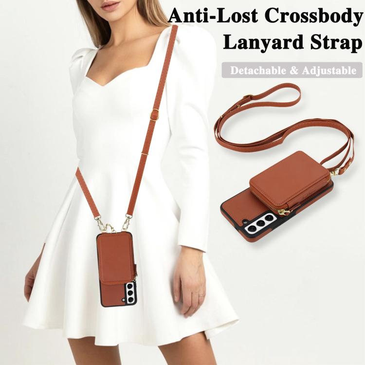For Samsung Galaxy S22 5G AwQuer 2 in 1 Crossbody Zipper Wallet Leather Back Phone Case