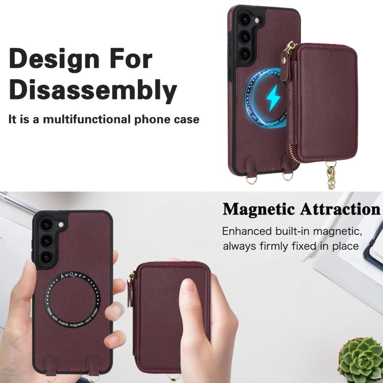 For Samsung Galaxy S23 5G AwQuer 2 in 1 Crossbody Zipper Wallet Leather Back Phone Case