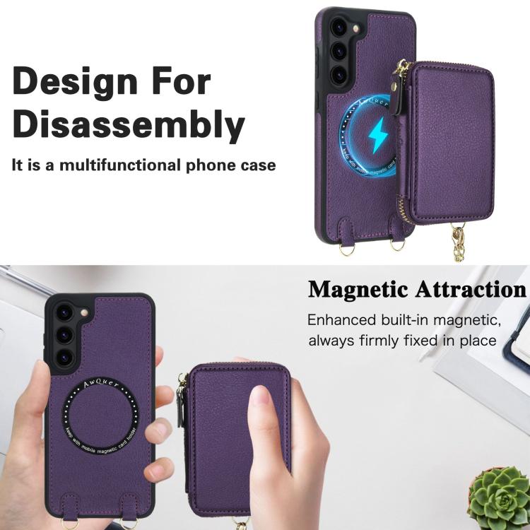 For Samsung Galaxy S23 5G AwQuer 2 in 1 Crossbody Zipper Wallet Leather Back Phone Case
