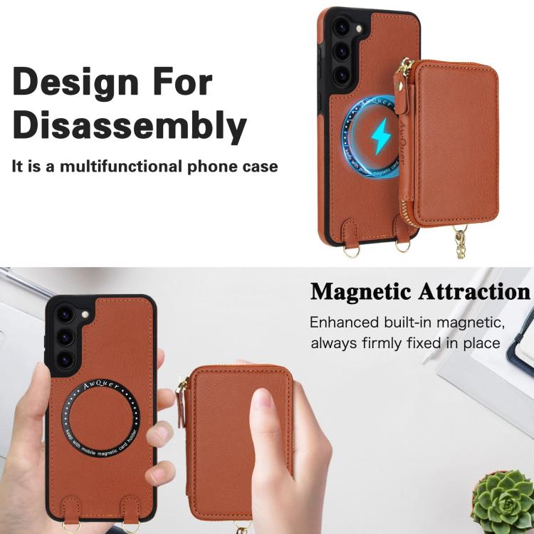 For Samsung Galaxy S23 5G AwQuer 2 in 1 Crossbody Zipper Wallet Leather Back Phone Case