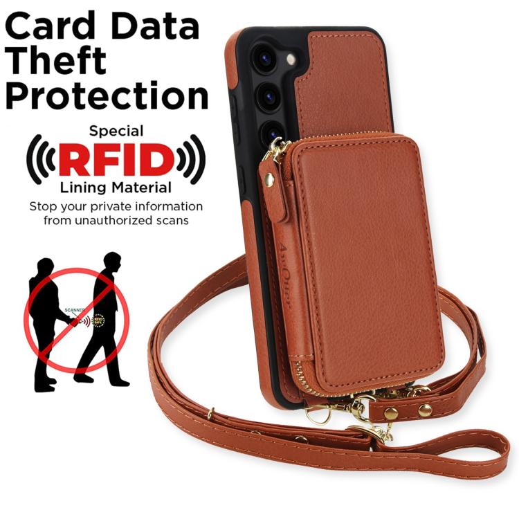 For Samsung Galaxy S23 5G AwQuer 2 in 1 Crossbody Zipper Wallet Leather Back Phone Case