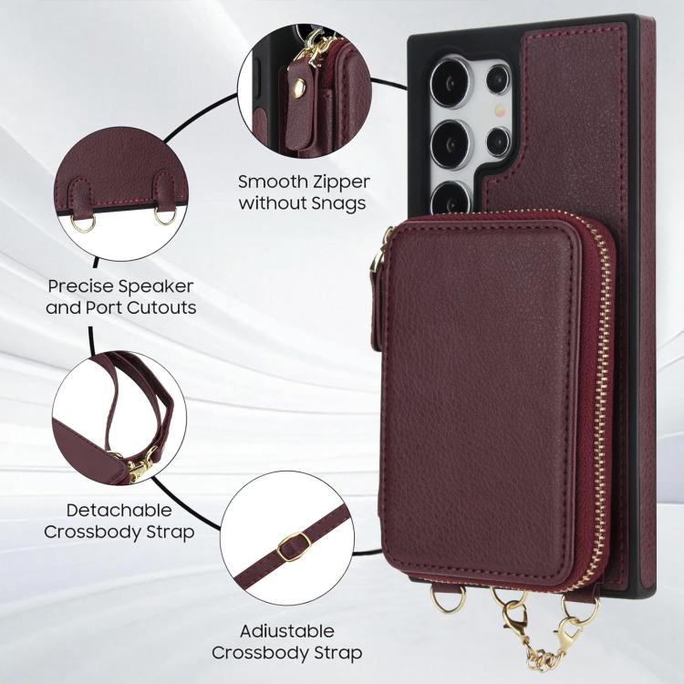 For Samsung Galaxy S23 Ultra 5G AwQuer 2 in 1 Crossbody Zipper Wallet Leather Back Phone Case