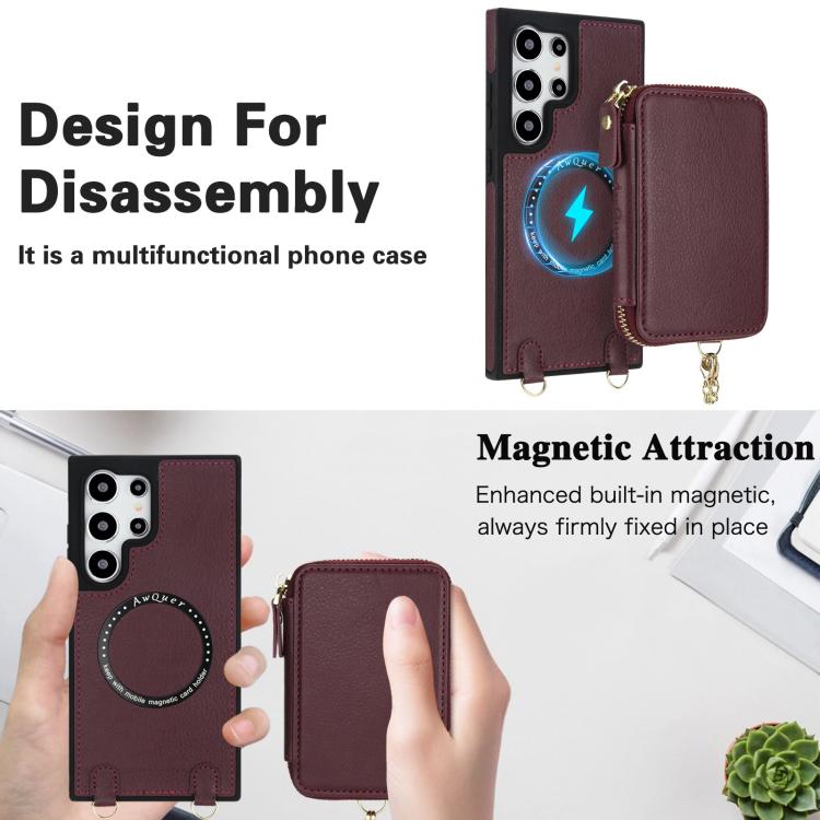 For Samsung Galaxy S23 Ultra 5G AwQuer 2 in 1 Crossbody Zipper Wallet Leather Back Phone Case
