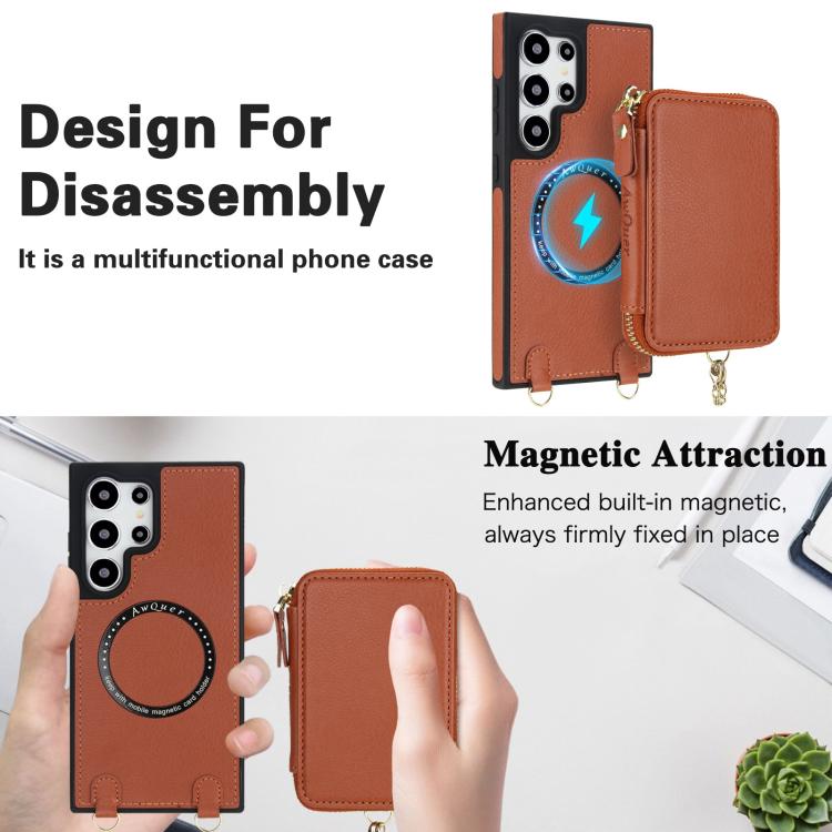 For Samsung Galaxy S23 Ultra 5G AwQuer 2 in 1 Crossbody Zipper Wallet Leather Back Phone Case