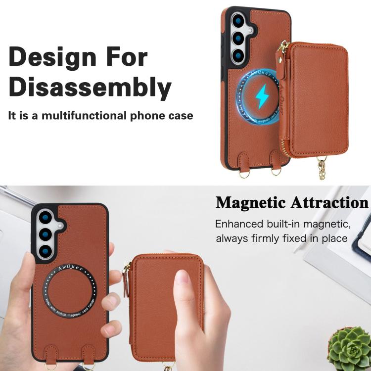 For Samsung Galaxy S24 FE 5G AwQuer 2 in 1 Crossbody Zipper Wallet Leather Back Phone Case