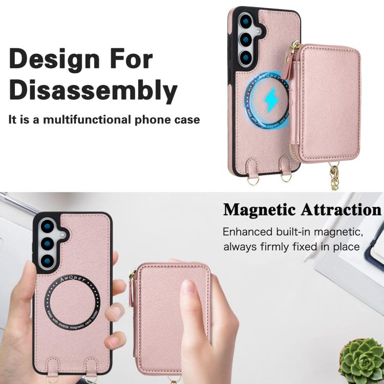 For Samsung Galaxy S23 FE 5G AwQuer 2 in 1 Crossbody Zipper Wallet Leather Back Phone Case