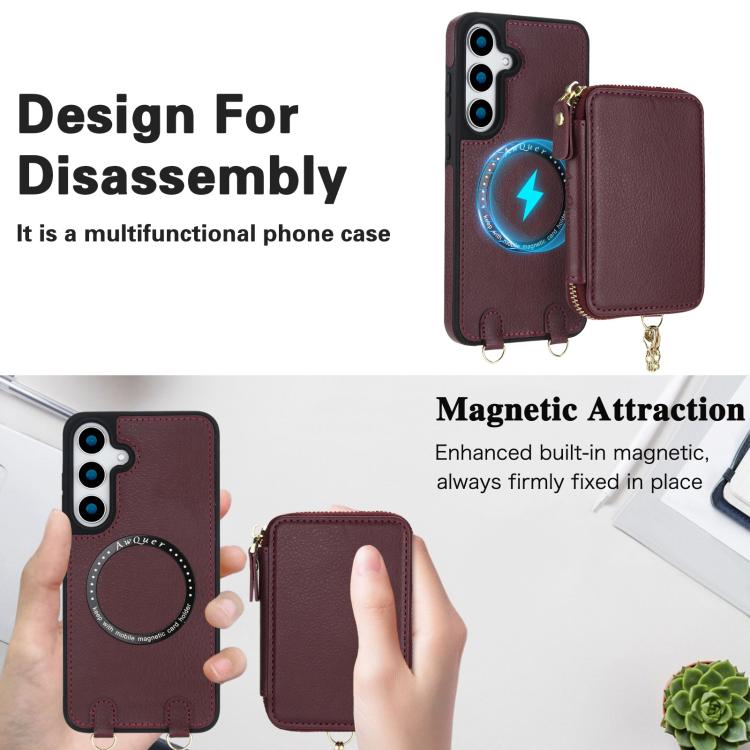 For Samsung Galaxy S25 FE 5G AwQuer 2 in 1 Crossbody Zipper Wallet Leather Back Phone Case