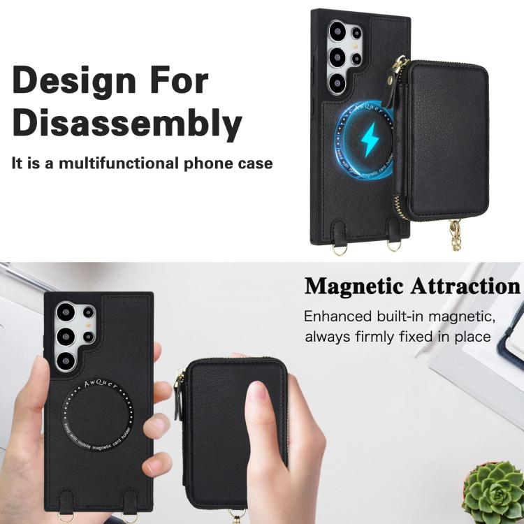 For Samsung Galaxy S24 Ultra 5G AwQuer 2 in 1 Crossbody Zipper Wallet Leather Back Phone Case