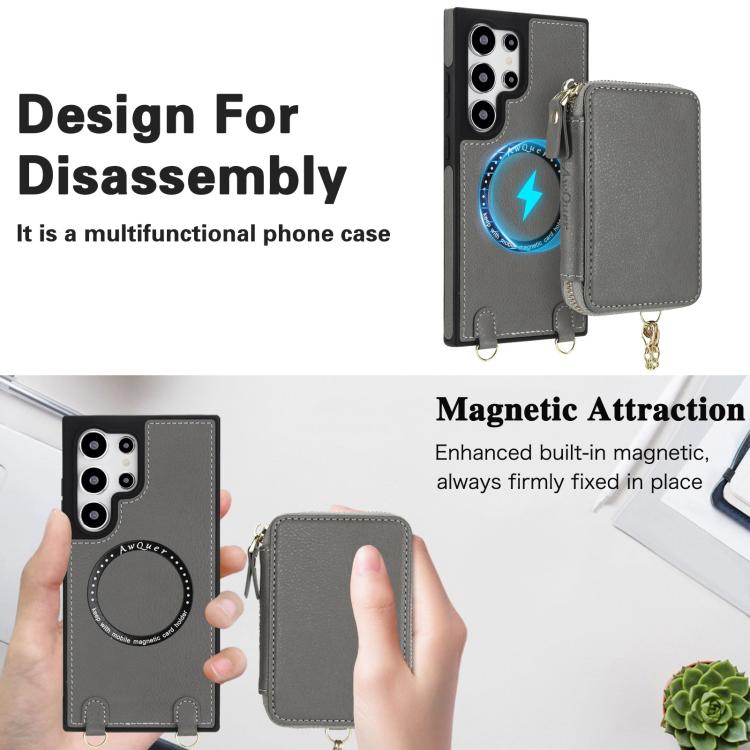 For Samsung Galaxy S24 Ultra 5G AwQuer 2 in 1 Crossbody Zipper Wallet Leather Back Phone Case