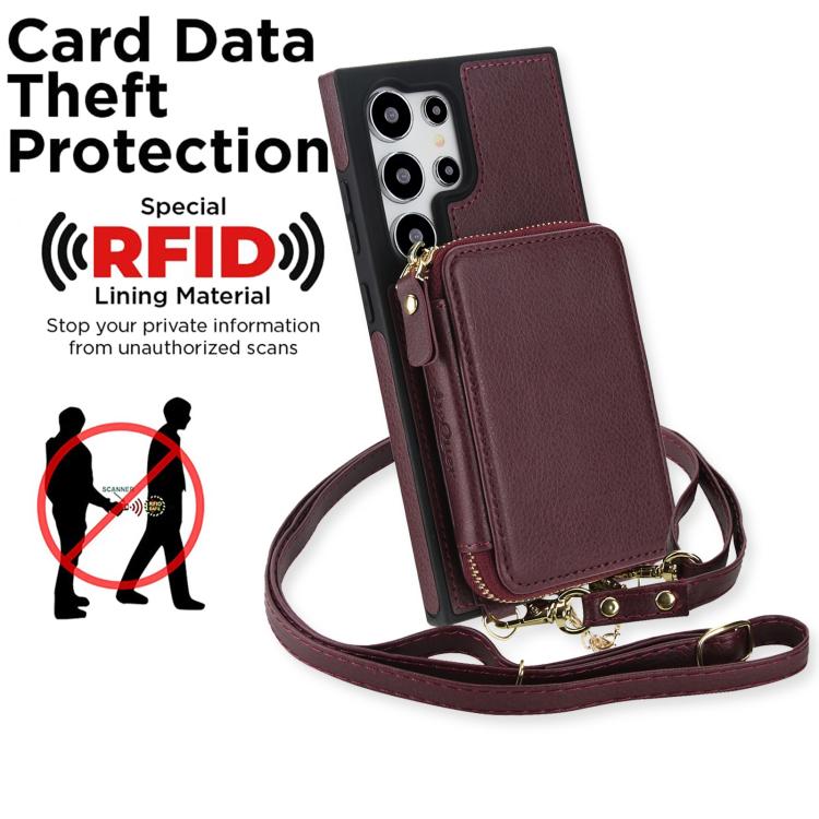 For Samsung Galaxy S24 Ultra 5G AwQuer 2 in 1 Crossbody Zipper Wallet Leather Back Phone Case