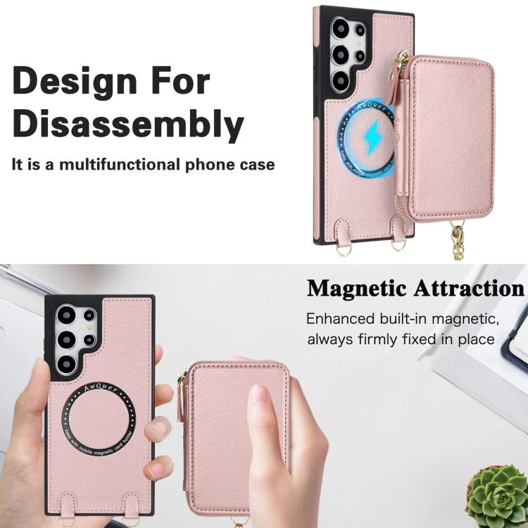 For Samsung Galaxy S24 Ultra 5G AwQuer 2 in 1 Crossbody Zipper Wallet Leather Back Phone Case
