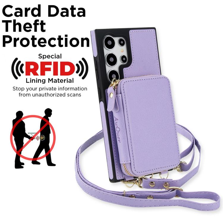 For Samsung Galaxy S24 Ultra 5G AwQuer 2 in 1 Crossbody Zipper Wallet Leather Back Phone Case