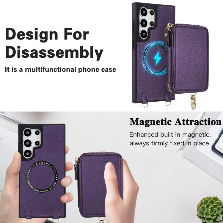 For Samsung Galaxy S24 Ultra 5G AwQuer 2 in 1 Crossbody Zipper Wallet Leather Back Phone Case