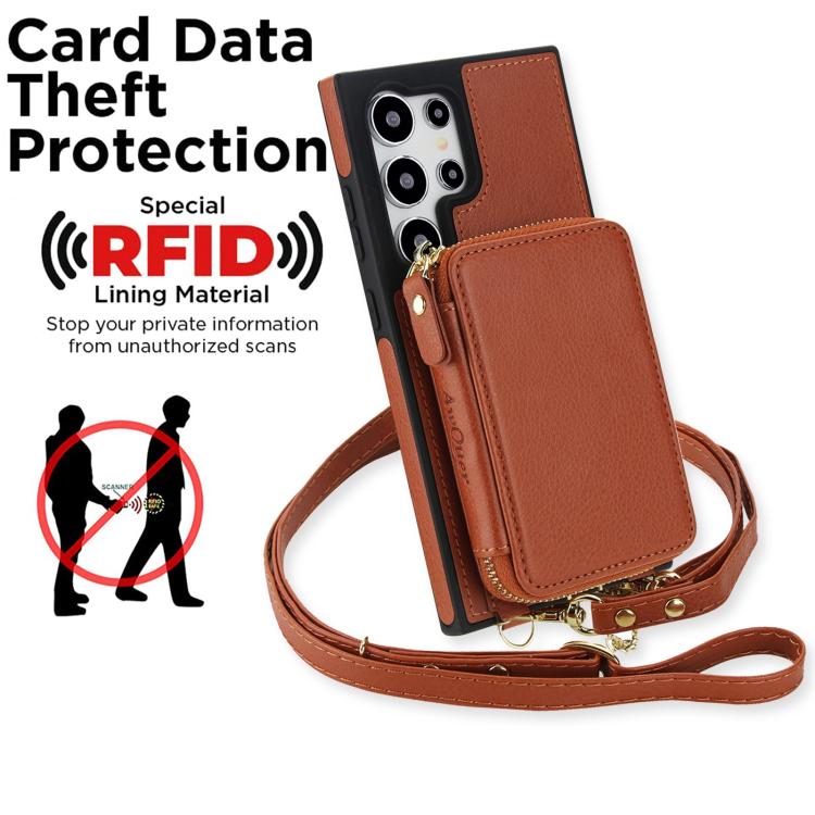 For Samsung Galaxy S24 Ultra 5G AwQuer 2 in 1 Crossbody Zipper Wallet Leather Back Phone Case