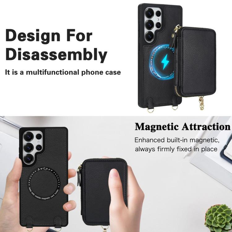 For Samsung Galaxy S25 Ultra 5G AwQuer 2 in 1 Crossbody Zipper Wallet Leather Back Phone Case