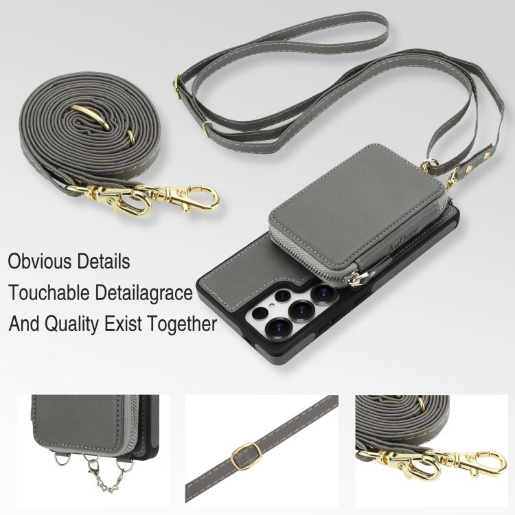 For Samsung Galaxy S25 Ultra 5G AwQuer 2 in 1 Crossbody Zipper Wallet Leather Back Phone Case