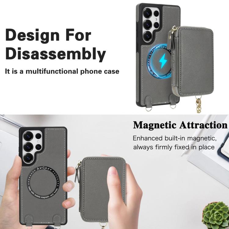 For Samsung Galaxy S25 Ultra 5G AwQuer 2 in 1 Crossbody Zipper Wallet Leather Back Phone Case