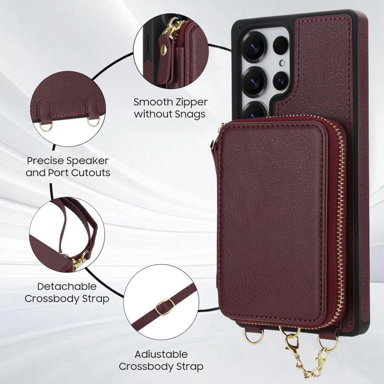 For Samsung Galaxy S25 Ultra 5G AwQuer 2 in 1 Crossbody Zipper Wallet Leather Back Phone Case