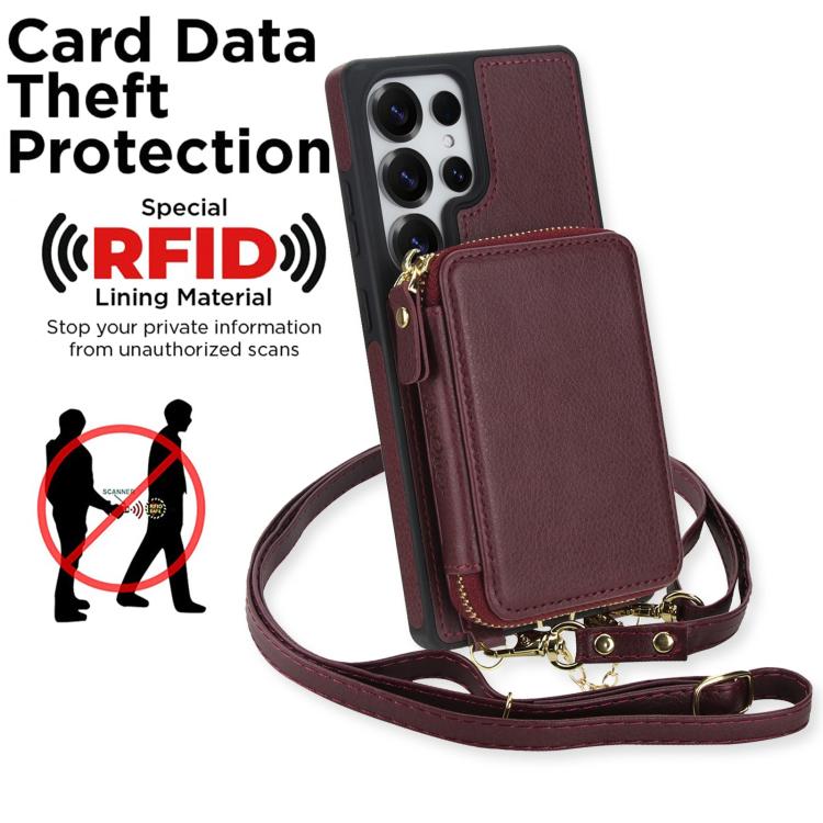 For Samsung Galaxy S25 Ultra 5G AwQuer 2 in 1 Crossbody Zipper Wallet Leather Back Phone Case